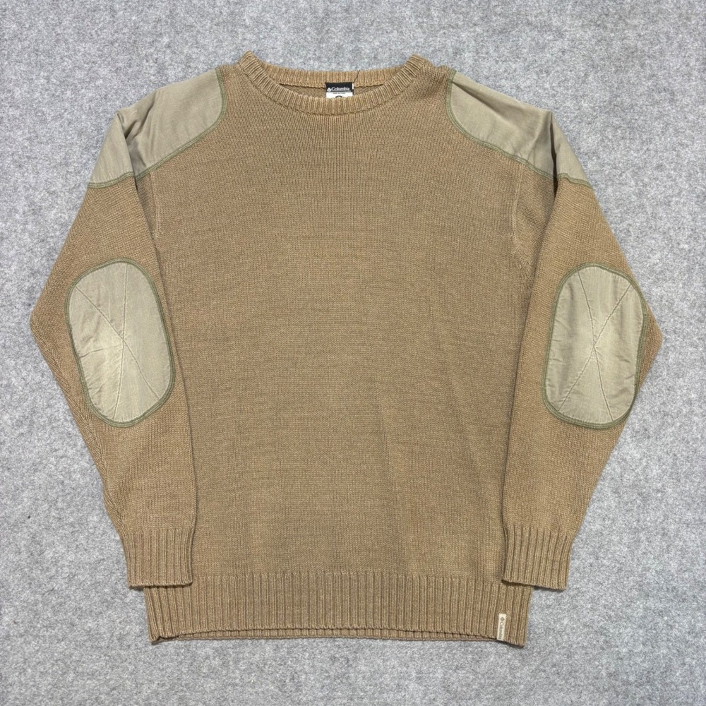 Columbia Mens Tan Crewneck Sweater Shoulder Elbow Patches Size M 0409